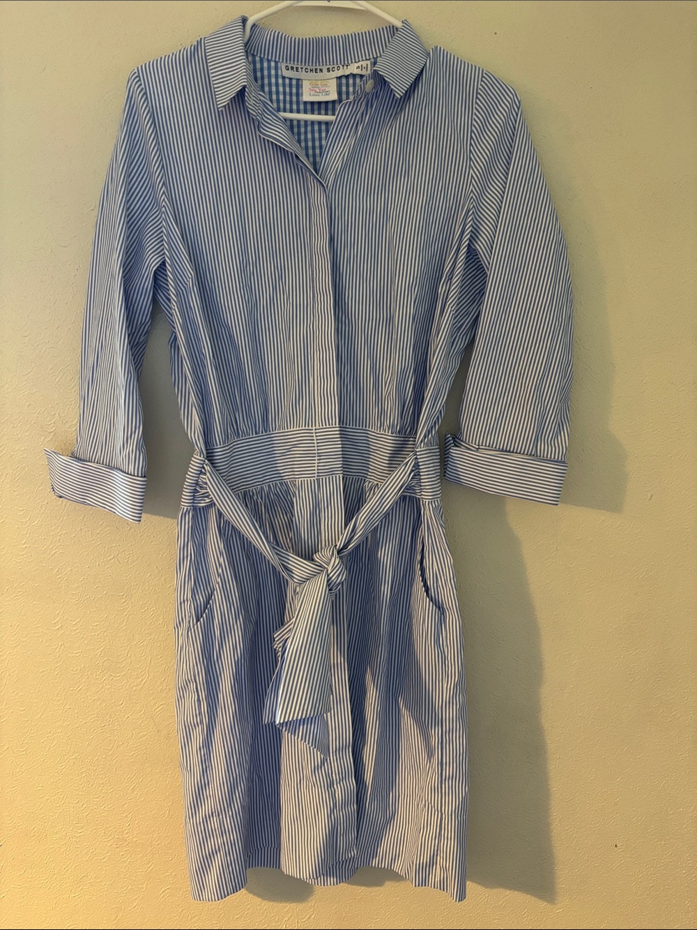 Gretchen Scott Designs Blue and White Striped Dress with Waist Tie